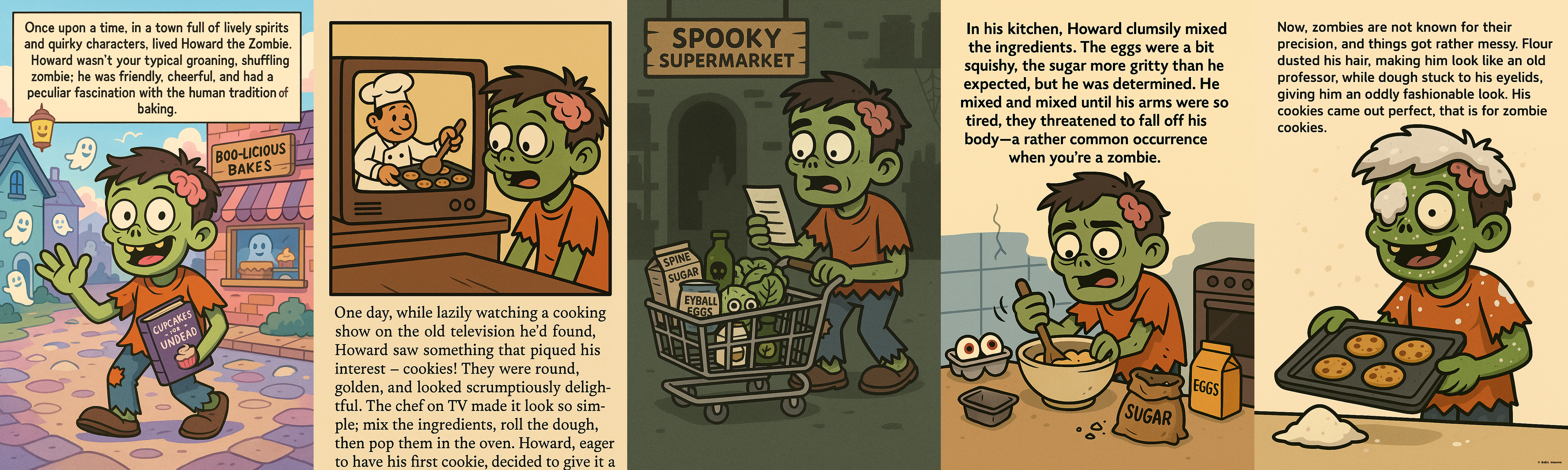 A horizontal comic strip of Howard the Zombie getting into mischief.
